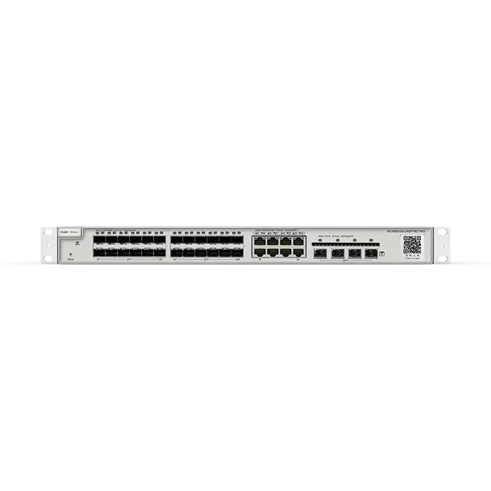 Image du switch RG‑NBS5200‑24SFP/8GT4XS, boîtier 1 U rack avec 24 ports SFP, 8 ports RJ‑45 Gigabit et 4 uplinks SFP+ 10 Gbps, design fanless.